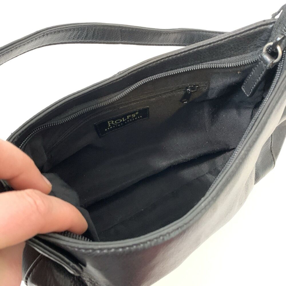 Vtg Rolfs Shoulder Bag Black Leather Purse Zipper Y2K Clean New Money Quiet Lux - Picture 11 of 13